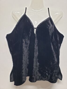 Linda Hartman Black Crushed Velvet V-neck Cami Top Size L Coquette Layering Y2K